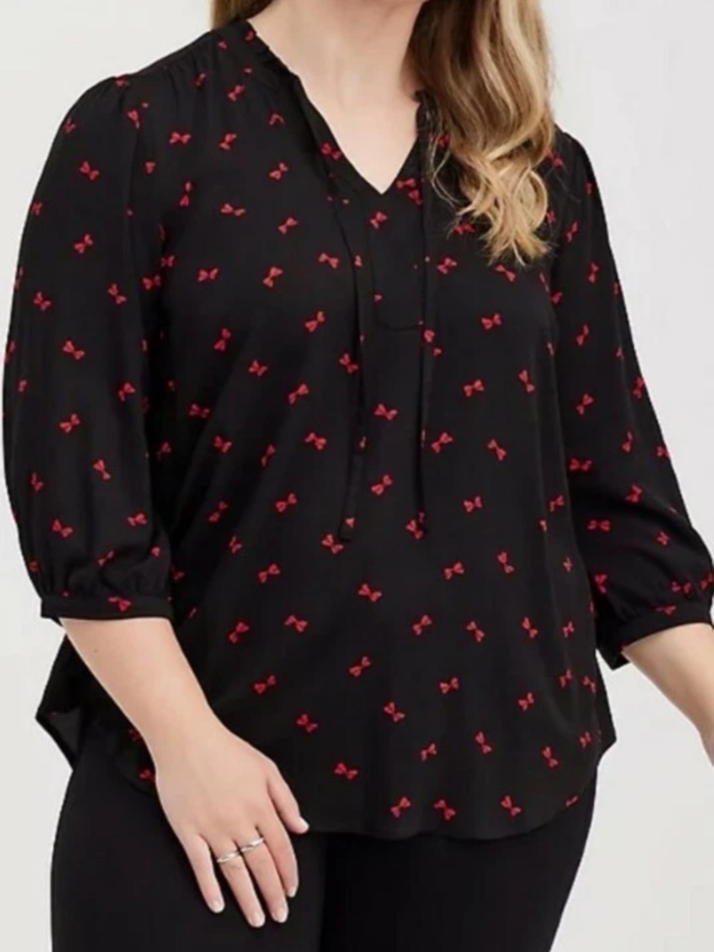 TORRID Black Twill Red Bow Peasant Blouse Punk Gothic Chic Plus Size 2X 18 20